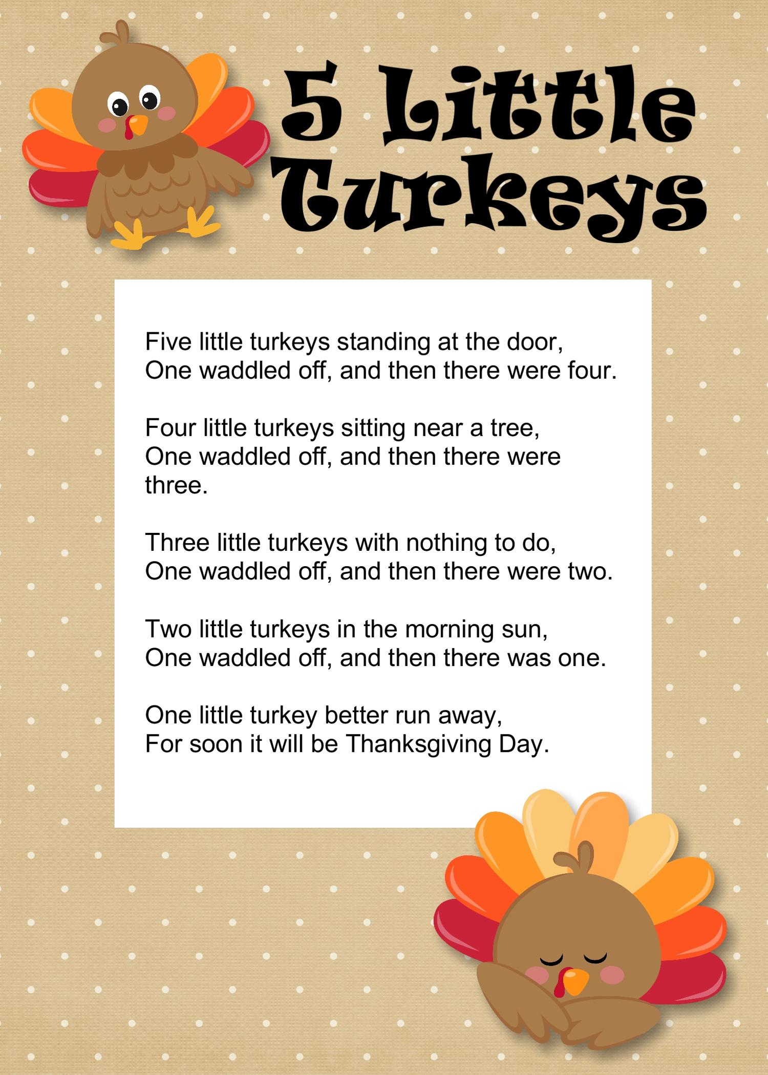 5 Little Turkeys Felt Pattern Thanksgiving Song for Preschoolers